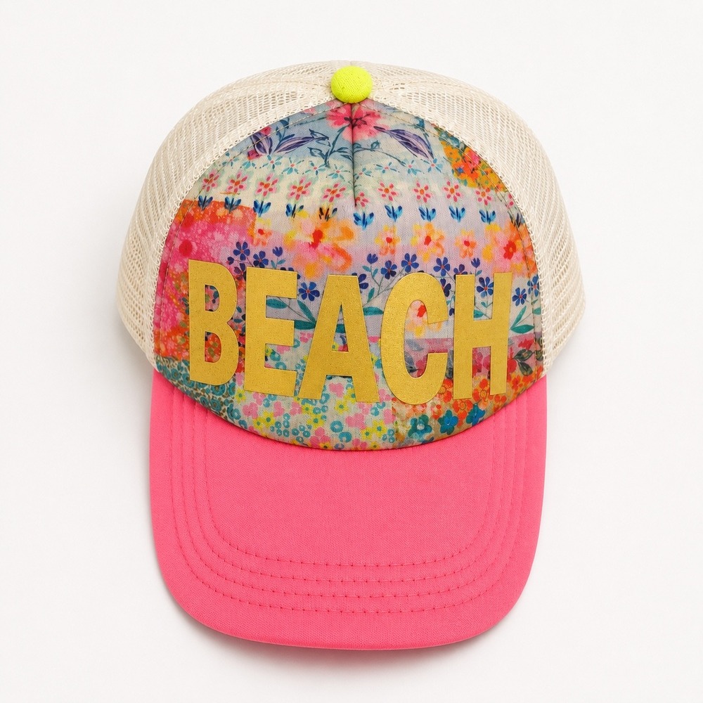 Natural Life Beach Floral Trucker Hat Pink Neoprene Gold Lettering Mesh Cap